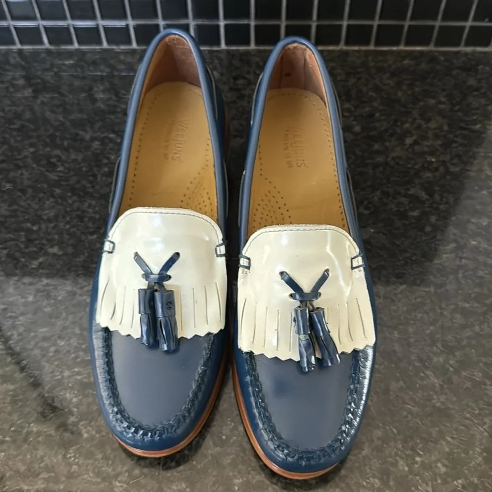 Classic Blue and White Tassel Loafer - Women's Leather Slip-On
